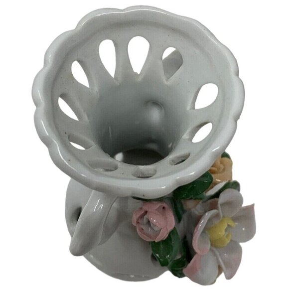 Mini Porcelain Bud Vase White Applied Flowers Floral 5 Inch Reticulated - Picture 5 of 9